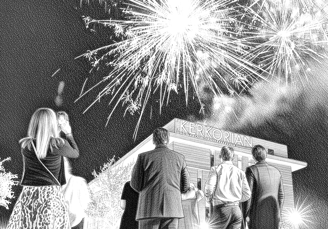 fireworks bursting over the kerkorian medical education building